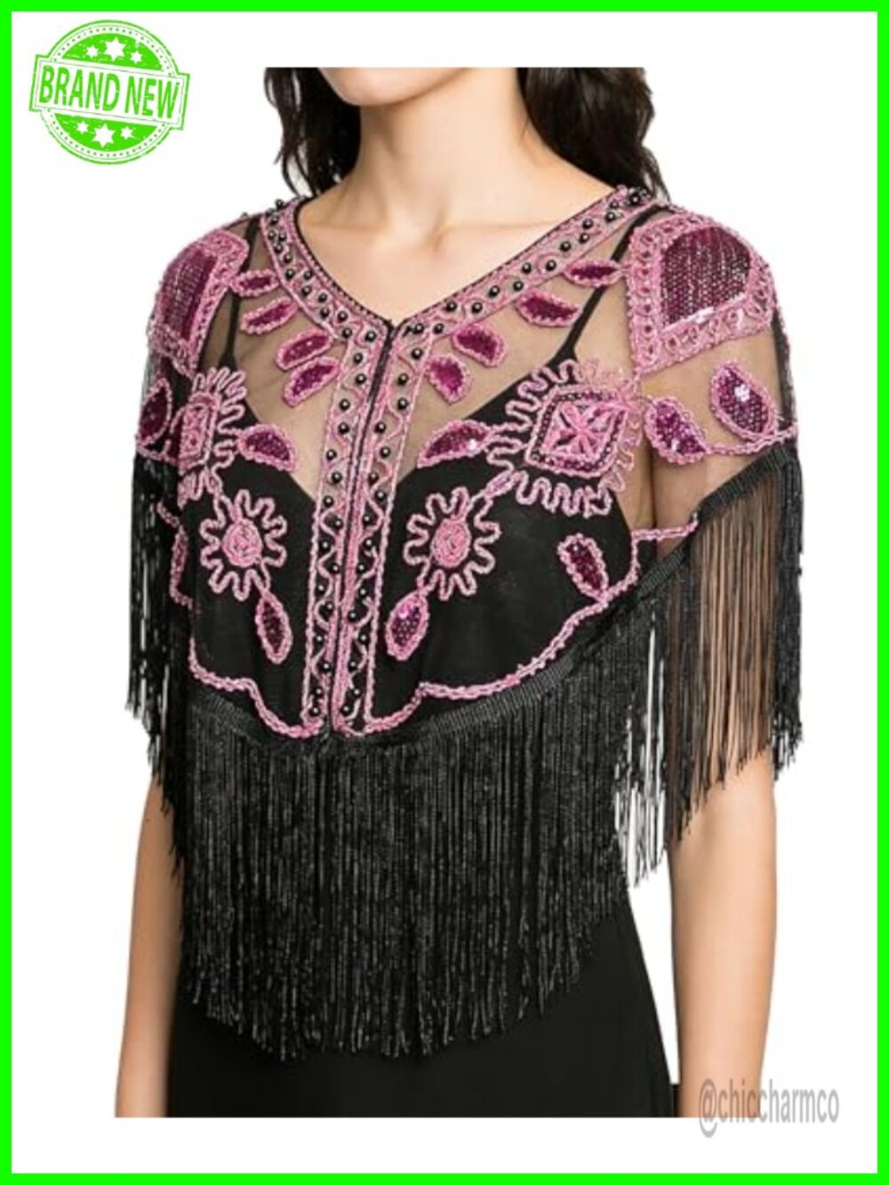 1920s Sequin Beaded Fringe Shawl Evening Wrap for Formal Flapper Dress